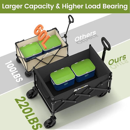 Collapsible Wagon with Wheels, 220 lbs Wagons Carts Foldable Wagon Cart with Flexible Handle, Lightweight Portable Folding Utility Grocery Shopping Cart for Grocery Sports Garden Camping