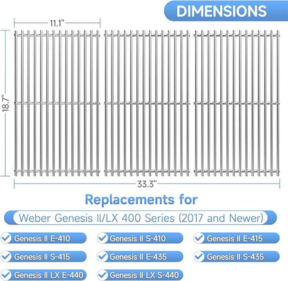 3Pack Stainless Steel Replacement Grill Parts for Weber Genesis 2 GS4 Grates 66089 66097 LX 400 SER GBS S-435, Weber Genesis II E-410, E-435, S-435, SE-410, Kitchen-aid 720-0856V 740-0781