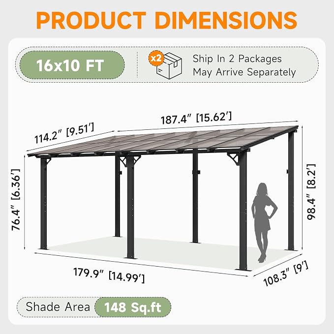 10' x 16' Lean to Gazebo Pergola, Hardtop Gazebo Metal Large Galvanized Steel - Image 3
