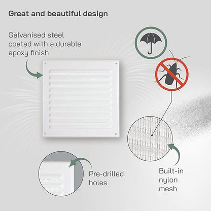 Vent Systems - 8 x 8 Inch (Inner) White Metal Square Soffit Air Vent Grille Cover, Register Vent Deflector Louver Built-in Mesh HVAC for Bathroom Home Office Kitchen 10" x 10" (Outer)