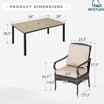MFSTUDIO 7 Pieces Patio Dining Sets for 6, 64" Rectangle Wood-Like Dining Table for 6, Cushioned Metal Chairs, Outdoor Table and Chairs, Heavy Duty Dining Furniture for Backyard, Porch