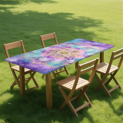 Rectangle Table Cloth Cover Waterproof Elastic Fitted Polyester Fitted Tablecloths for 6 Foot Tables for Indoor,Picnic, Camping, Outdoor （60" x 30"，Datura）