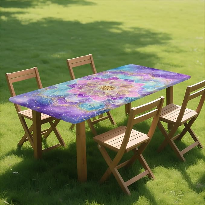Rectangle Table Cloth Cover Waterproof Elastic Fitted Polyester Fitted Tablecloths for 6 Foot Tables for Indoor,Picnic, Camping, Outdoor （72" x 30"，Datura）
