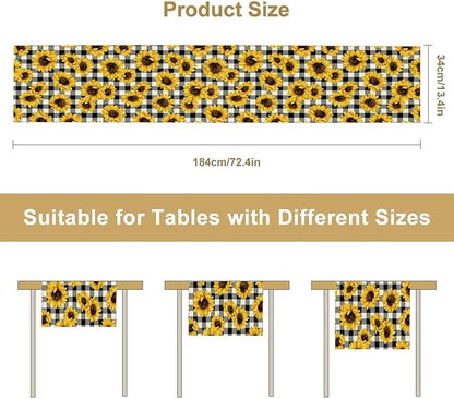Summer Sunflower Table Runner, Sunshine Seasonal Buffalo Plaid Table Runner for Indoor Home Party Kitchen Dining Outdoor 13x120in