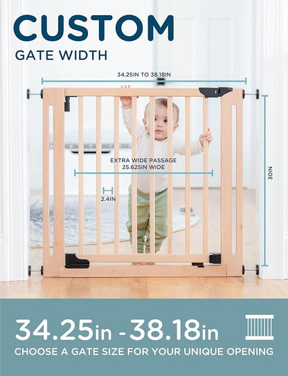 SizeWise™ Wood Pressure Mounted Safety Gate 34.25"-38.18" | Extra-Wide Passage | Auto-Close Two-Way Opening for Doorways and Hallways | Easy Installation | PEFC Certified Beech Wood (28.7" Passage)