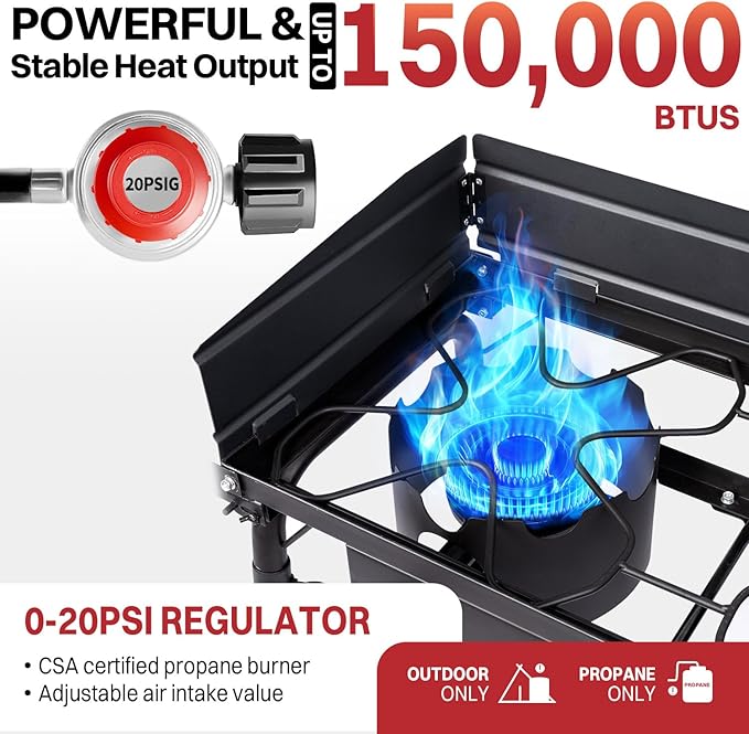 2 Burner Propane Camp Stove | 150,000 BTU Gas Burners | Side Shelves | Windscreen | Waterproof Cover | Detachable Legs | Ideal for Camping Backyard Outdoor Cooking