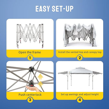 CROWN SHADES 10x10 Pop Up Canopy Tent with Patented Center Lock, 150D Silver Coated Fabric, 2 Extendable Awnings, Instant Commercial Canopy with 4 Weight Bags, Ropes, Stakes & Wheeled Carry Bag, White