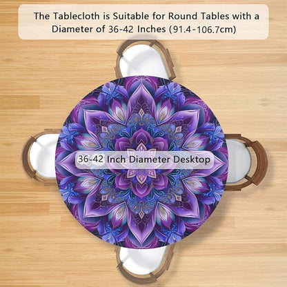 Mandrake Purple Blue Flower Round Table Cloth Cover, Elastic Edge Waterproof Wipeable Tablecloths 36"-42" Polyester Tablecloth for Party Restaurant Banquet Holiday Camping Outdoor Picnic