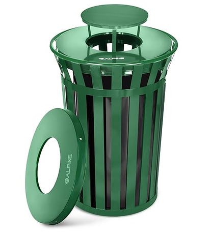 Alpine Commercial Outdoor Trash Can - 38 Gallon Heavy Duty Green Recycle Garbage Can with Liner, Flat Lid and Rain Bonnet Lid, All Weather Resistant Large Outside Trash Can for Parks, Parking, School