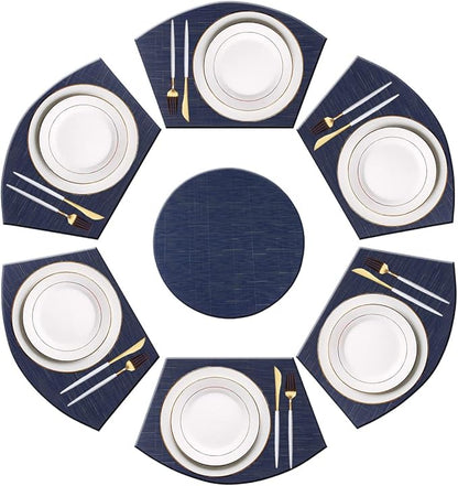 PIGCHCY Wedge Shaped Placemats Set of 6 with Centerpiece Round Mats Washable Kitchen Placemats Heat-Resistant Table Mats (Navy Blue)