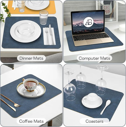 Faux Leather Placemats Set of 6 Table Mats Heat Resistant Reversible Place Mats, Waterproof Wipeable Dining Table Placemats for Home Party Outdoor, 15.8 x 11.8 inches (Blue/Yellow)