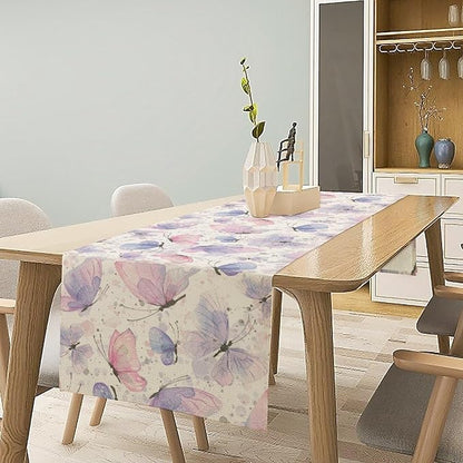 Watercolor Butterfly Table Runner, Pink Purple Butterfly Splash Spot Doodle Art Table Runner for Holiday Kitchen Dining Outdoor Home Party 13x60in