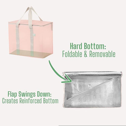 VENO 2 Pack Cooler Bag and Insulated Grocery Bags for Food Delivery, Collapsible Cooler. Reusable Shopping Bags for Groceries with Hard Bottom, Zippered, Foldable, Heavy-Duty (Peach Pink, 2 Pack)