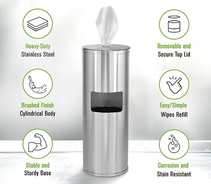 Alpine Stainless Steel Disinfecting Wipes Dispenser Floor Stand - Large Capacity Gym Wipes Dispenser with Trash Can, Smudge Resistant Coating Sanitizing Stand - Disinfectant Wipes Container Included