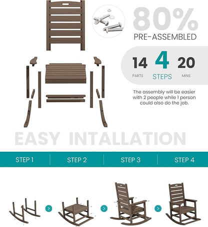 SERWALL Outdoor Rocking Chair Set of 2, Oversized HDPE Rocker, Coffee | Heavy - Image 5