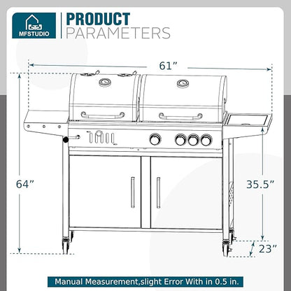 MFSTUDIO 3 In 1 Gas and Charcoal Grill Combo with Side Burner, Porcelain-Enameled Cast Iron Grate, Extra Large Dual-Function BBQ Propane Grills for Outdoor Barbecue Cooking, 690 SQIN Cooking Area