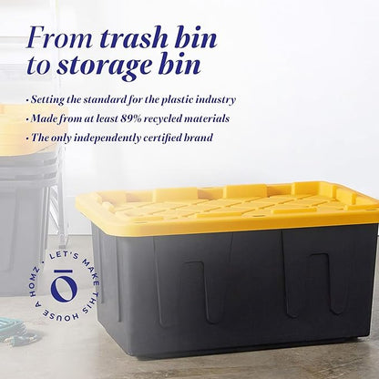 HOMZ 6-Pack Durabilt Tote, Heavy Duty Plastic Storage Bins with Lids, 15 Gallon, Black/Yellow - Stackable Organizing Containers for Home, Garage, and Office