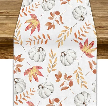 Autumn Pumpkin Table Runner, Watercolor Fall Maple Leaves Pumpkins Harvest Thanksgiving Table Runner for Holiday Dining Room Kitchen Table Party Decor, 13x70inch