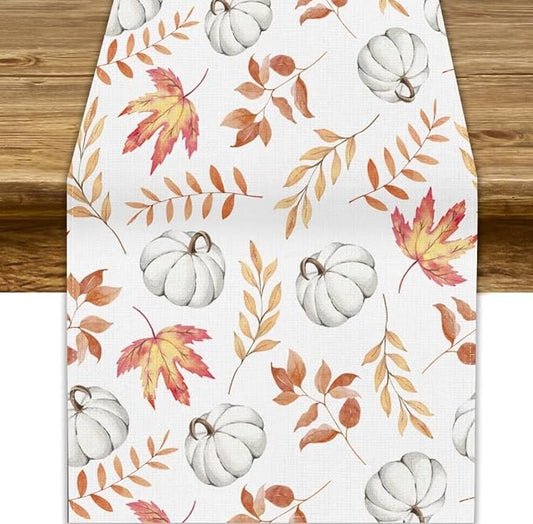 Autumn Pumpkin Table Runner, Watercolor Fall Maple Leaves Pumpkins Harvest Thanksgiving Table Runner for Holiday Dining Room Kitchen Table Party Decor, 13x70inch