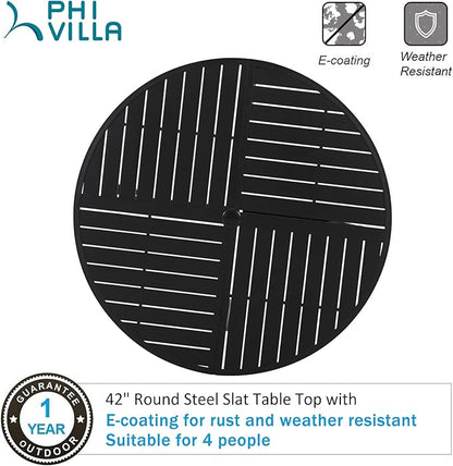 PHI VILLA Outdoor Round Dining Table for 4, 42" Large Metal Wrought Iron Table with Umbrella Hole, All Weather Dining Furniture for Patio, Deck, Yard, Porch - Black