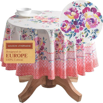 Maison d' Hermine Table Cloth Round Table 100% Cotton 69 Inches Tablecloth Reusable Decorative Everyday Use for Dining Room, Farmhouse, Home, Party, Festive & Wedding Spring Summer - Rose Garden
