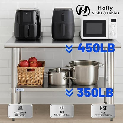 Hally Stainless Steel Table for Prep & Work 24 x 36 Inches, Commercial Heavy Duty Table with Undershelf and Backsplash for Restaurant, Home and Hotel