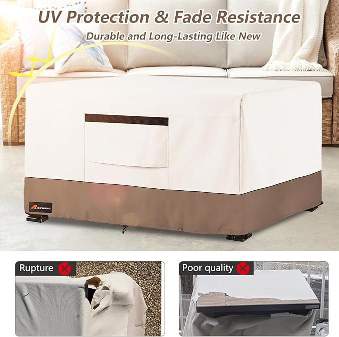 Fire Pit Cover Rectangular, Outdoor Heavy Duty 600D Tear-Resistant 100% Waterproof 48 Inch Fire Table Cover Rectangle, Patio Weatherproof Rectangular Fire Table Protector, Beige 48" L x 28" W x 24" H