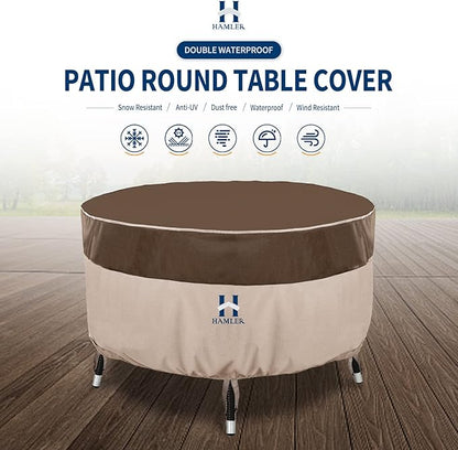 HAMLER Round Outdoor Table Cover, Heavy Duty Outdoor Table Chair Set Covers with Air Vents and Handles, Patio Table Cover Fits up to 96" D x 27.5" H, Brown & Beige