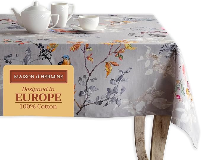 Maison d' Hermine Table Cloth Rectangle Table 100% Cotton 70 x 120 Inches Fall Tablecloth Reusable Everyday Use for Thanksgiving Christmas Decorations Dining Farmhouse Party (Equinoxe - Grey)