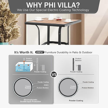 PHI VILLA Patio Bar Table, Outdoor Bar Height Bistro Table with Wooden-Like Table Top & Metal Frame, Brown