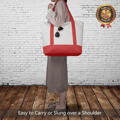 TOPDesign 6-Pack Canvas Tote Bags with an External Pocket, Reusable Grocery Shopping Bags, Top Zipper Closure, Daily Essentials (Red/Natural)