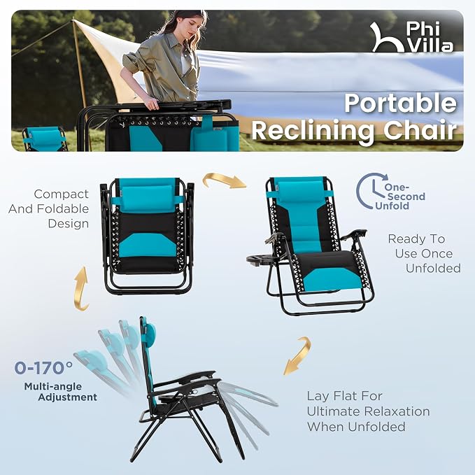 PHI VILLA Padded Zero Gravity Chair Set of 2, Cup Holder, 28in Seat, Aqua | - Image 4