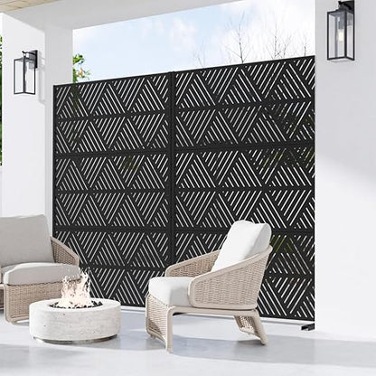 Casaphoria Metal Privacy Screen Outdoor, 72" H x 47" W Freestanding Decorative Privacy Screen for Patio Deck Balcony Garden with Stable Base, Triangular Black