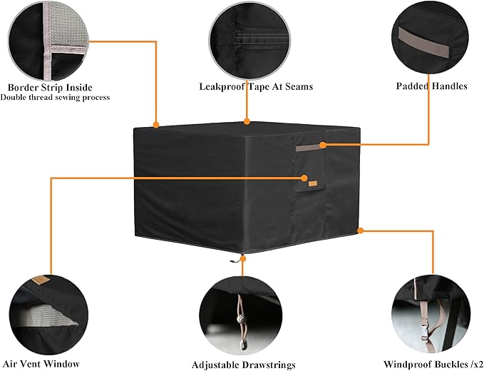 Fire Pit Cover 600D Heavy Duty Waterproof Fabric With PVC Coating Square 36" Wx 36" D x 24" H Black Fits for 32-36 Inch Fire Pit Table Fade Resistant Outdoor Firepit Cover