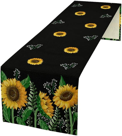 Sunflower Table Runner,Spring Summer Watercolor Floral Plants Leaves Print Table Runner for Kitchen Dining Table Home Holiday Party Indoor Outdoor Decor 13x120in