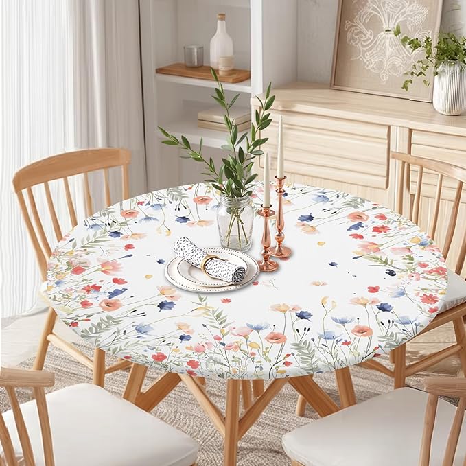 Spring Summer Floral Round Fitted Tablecloth with Elastic Watercolor Farmhouse Wildflower Circle Table Cloth for 40-44" Tables Wipeable Waterproof Easter Flower Table Cover for Picnic Dining Outdoor
