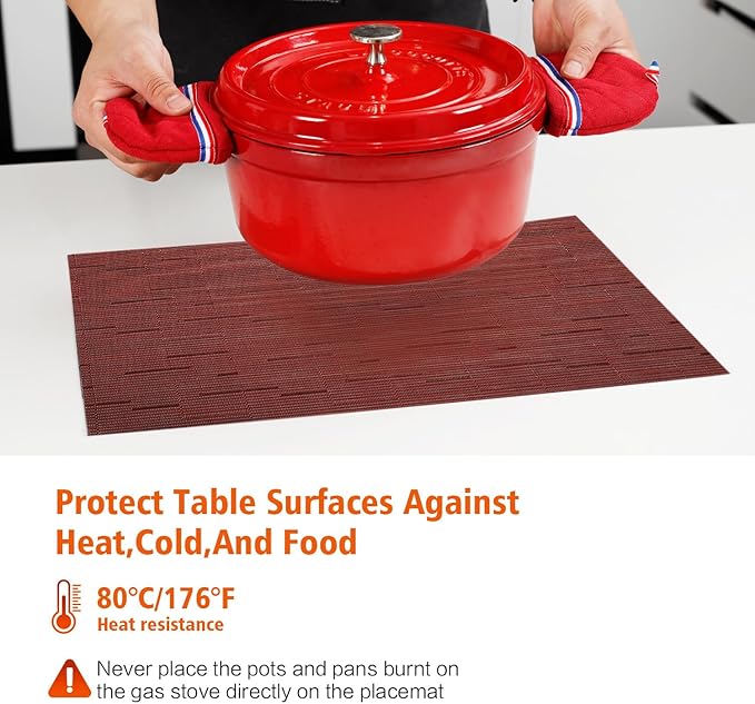 Placemats Set of 8,Washable,Heat and Stain Resistant Indoor/Outdoor Place mats,Vinyl Woven Non Slip Table Mats for Restaurant Table Protection,PVC Place mats(Red,8PCS)