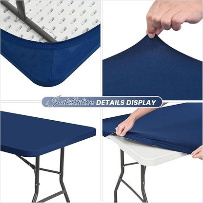 6 Pack Stretch Fabric Table Top Cap Cover, fits 8Ft Tables, Spandex Table Covers Washable Elastic Universal Rectangle Tablecloth Protector for Outdoor Party Picnic Wedding, Navy Blue, 30" W x 96" L