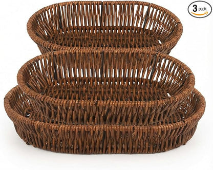 Imitation Wicker Bread Baskets, 3 Pack Rattan Food Serving Basket Handwoven Bread Baskets For Vegetables, Home, Kitchen, Restaurant, Outdoor, (11'',9.5'',8.3'')