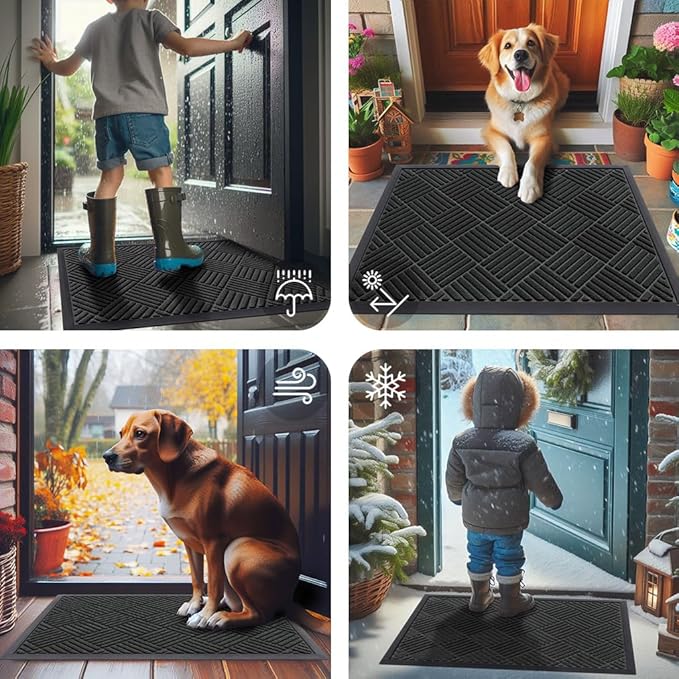 Smiry Front Door Mat Outside Entrance, Heavy Duty Outdoor Indoor Natural Rubber Doormat, Non Slip, Trap Dirt and Moisture, Easy Clean, Low Profile Patio Porch Entryway Mat, 47x17, Black