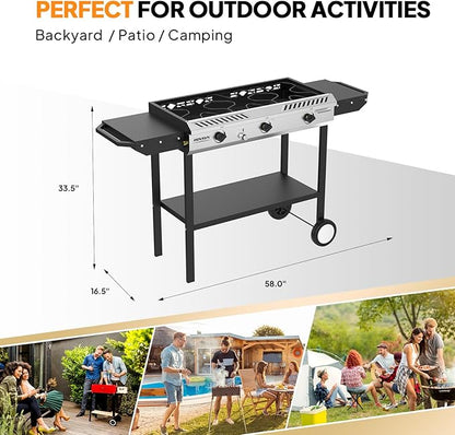 ROVSUN 3 Burner Propane Stove with Auto Ignition, 225,000 BTU Gas Stove with Side Shelves, Rolling Wheels & Regulator for Home Outdoor Backyard Camping Cooking Frying Brewing Canning