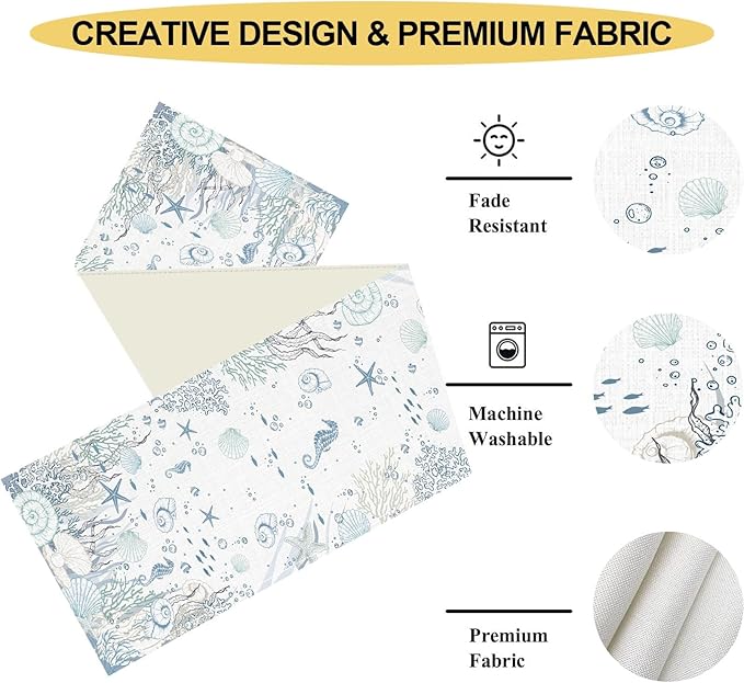 Summer Coastal Table Runner, Watercolor Starfish Seahorse Seashells Blue Coral Nautical Tropical Ocean Beach Farmhouse Table Center Decor for Kitchen Dining Patio Party Indoor Outdoor, 13"x72" Inch