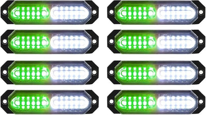 ASPL 8pcs Sync Feature Ultra Slim 12-LED Surface Mount Flashing Strobe Lights for Truck Car Vehicle LED Mini Grille Light Head Emergency Beacon Hazard Warning Lights (Green/White)