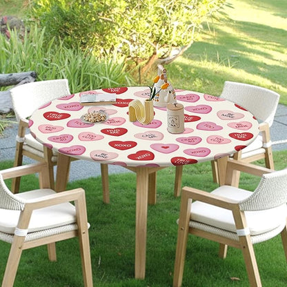 Valentines Day Round Fitted Tablecloth with Elastic Pink Red Love Hearts Circle Table Cloth for 40-44" Round Tables Wipeable Waterproof Valentines Decorative Table Cover for Picnic Dining Party Decor