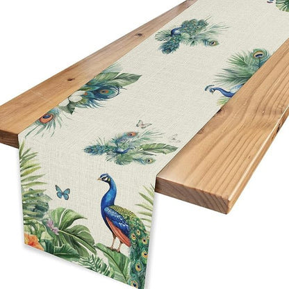 Peacock Table Runner,Traditional Chinese Style Peacock Feather Bird Floral Tropical Leaf Table Center Decor for Home Dining Kitchen Patio Holiday Party Indoor Table Decorations, 13"x90"