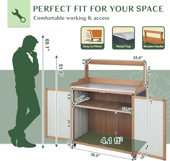 Outdoor Storage Cabinet with 4 Wheels and Handle, Metal & Wood Potting Bench - Image 4