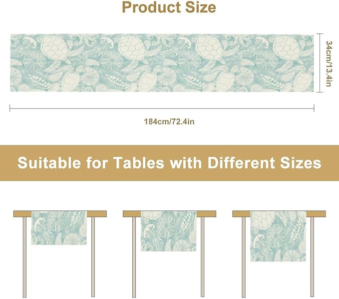 Marine Sea Turtle Table Runner, Ocean Beach Coral Starfish Seashell Table Runner for Kitchen Dining Wedding Party Banquet 13x90in