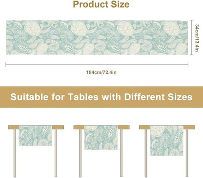 Marine Sea Turtle Table Runner, Ocean Beach Coral Starfish Seashell Table Runner for Kitchen Dining Wedding Party Banquet 13x90in