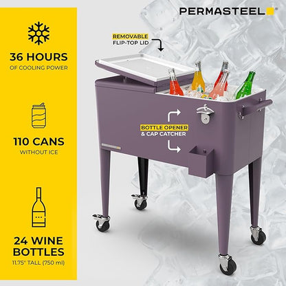 Permasteel 80 Quart Party Cooler, Rolling Ice Chest with Wheels and Handles for Indoor Outdoor Patio