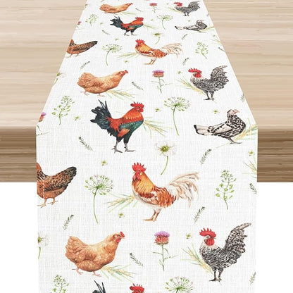 Farmhouse Rooster Table Runner, Rustic Farm Animals Cow Pig Chicken Coffee Table Center Decor for Home Kitchen Dining Patio Holiday Party Indoor Outdoor Table Decorations, 13"x72" Inch